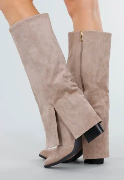Beige Suède-look Hoge Laarzen met Split en Hak