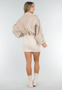 Beige Suède Look Jasje met Dubbele Knoopsluiting en Wijde Mouwen