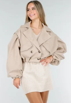 Beige Suède Look Jasje met Dubbele Knoopsluiting en Wijde Mouwen