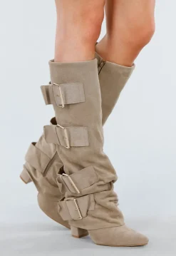 Beige Suèdelook Laarzen met Brede Gespsluitingen