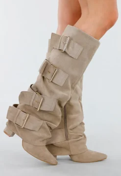 Beige Suèdelook Laarzen met Brede Gespsluitingen