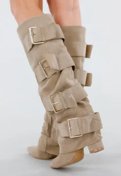 Beige Suèdelook Laarzen met Brede Gespsluitingen