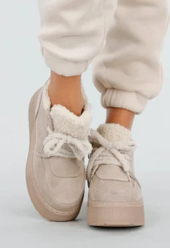 Beige Suède Sneakers met Warme Voering en Plateauzool