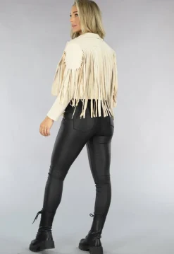 Beige Suèdelook Jas met Fringe Details