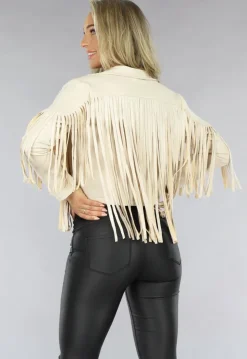 Beige Suèdelook Jas met Fringe Details