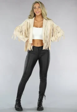 Beige Suèdelook Jas met Fringe Details