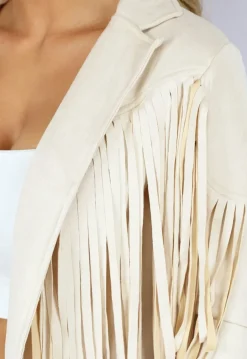 Beige Suèdelook Jas met Fringe Details