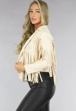 Beige Suèdelook Jas met Fringe Details