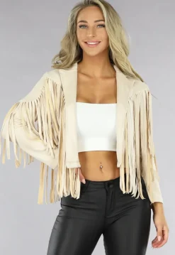 Beige Suèdelook Jas met Fringe Details