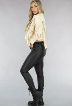Beige Suèdelook Jas met Fringe Details