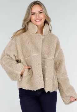 Beige Teddy Jas met Opstaande Kraag en Knoopsluiting