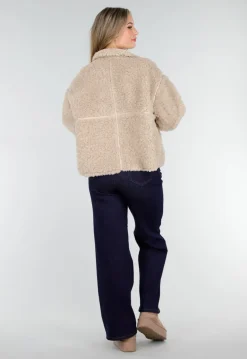 Beige Teddy Jas met Opstaande Kraag en Knoopsluiting