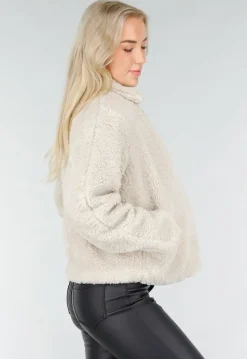 Beige Teddy Jas met Zachte Fleece Textuur en Opstaande Kraag