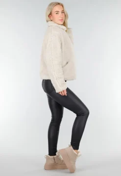 Beige Teddy Jas met Zachte Fleece Textuur en Opstaande Kraag