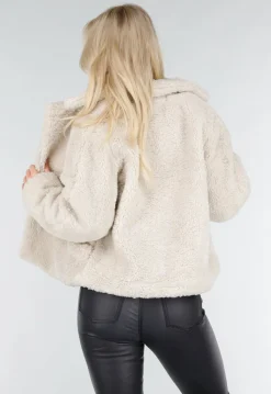 Beige Teddy Jas met Zachte Fleece Textuur en Opstaande Kraag