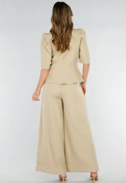 Beige Top met Pofmouwen en Knopen