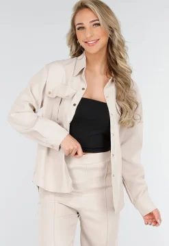 Beige Tweedelige Set met Blouse met Borstzakken en Wijde Broek