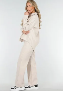 Beige Tweedelige Set met Blouse met Borstzakken en Wijde Broek