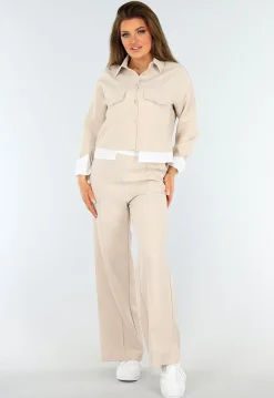 Beige Tweedelige Set met Blouse Detail en Tailleband