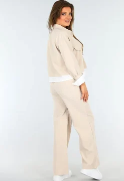 Beige Tweedelige Set met Blouse Detail en Tailleband