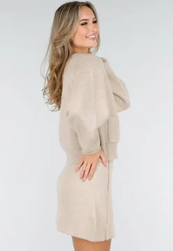 Beige Twee-Delige Set met Gebreid Vest en Rok