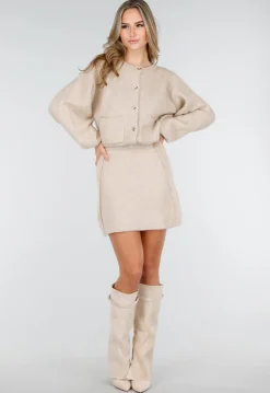 Beige Twee-Delige Set met Gebreid Vest en Rok
