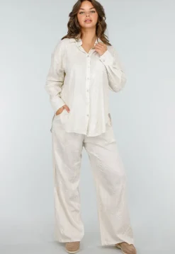 Beige Tweedelig Setje met Geborduurde Blouse en Broek
