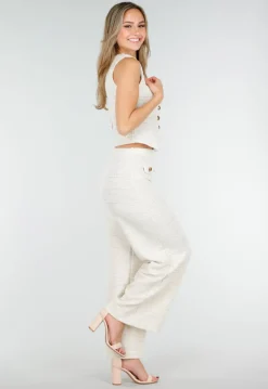 Beige Two Piece Set met Gilet en Pantalon met Gouden Knopen
