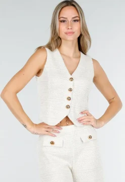 Beige Two Piece Set met Gilet en Pantalon met Gouden Knopen