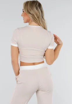 Beige Two Piece Set met Lange Broek en Korte Top met Colorblockingdetails
