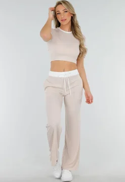 Beige Two Piece Set met Lange Broek en Korte Top met Colorblockingdetails