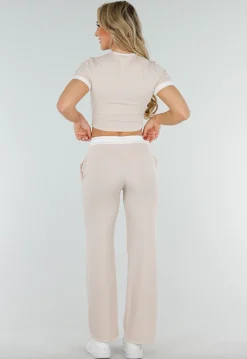 Beige Two Piece Set met Lange Broek en Korte Top met Colorblockingdetails