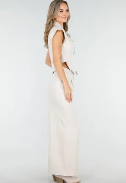Beige Two Piece Set met Mouwloos Gilet en Plooibroek met Hoge Taille