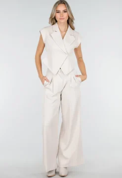 Beige Two Piece Set met Mouwloos Gilet en Plooibroek met Hoge Taille
