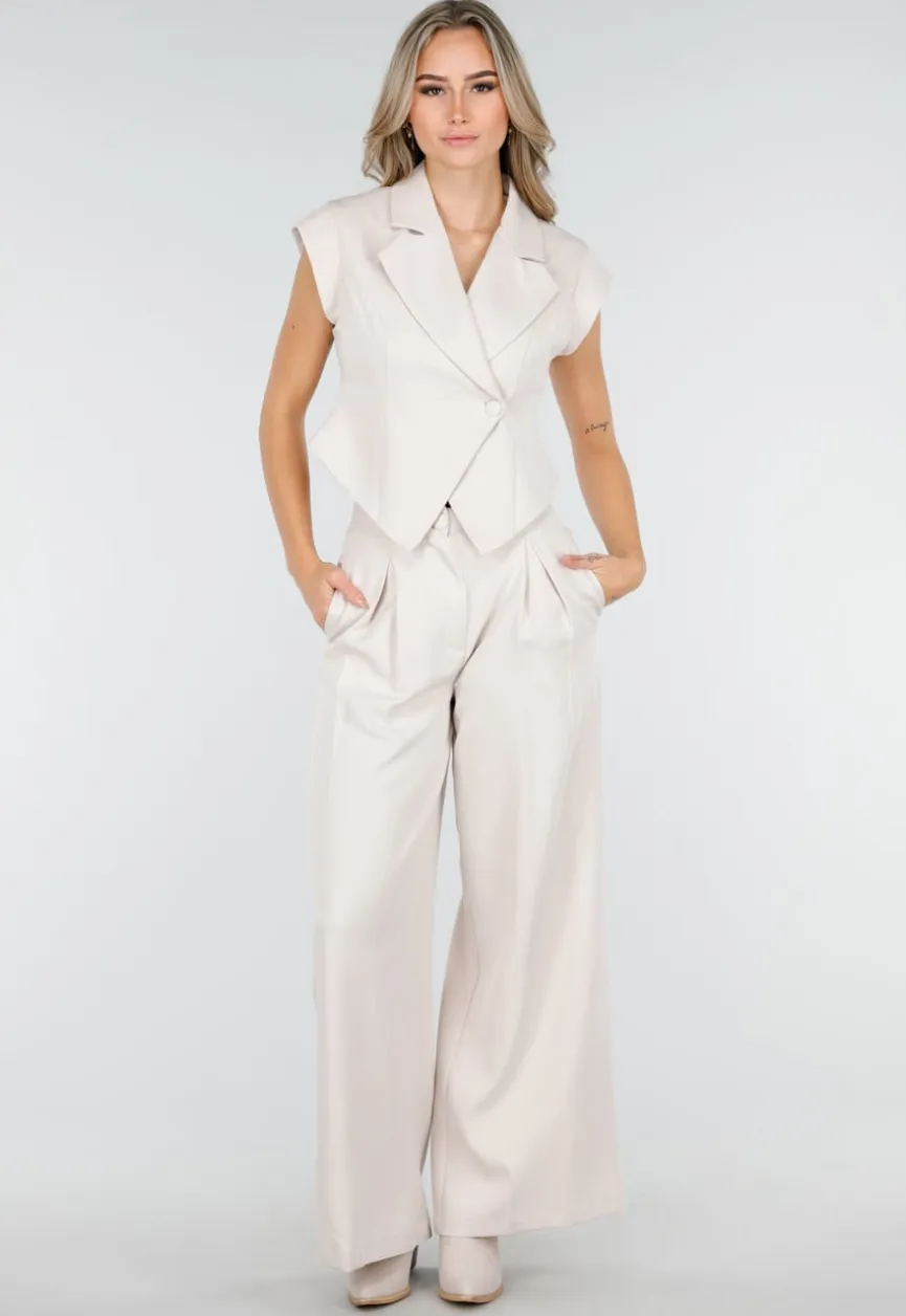 Beige Two Piece Set met Mouwloos Gilet en Plooibroek met Hoge Taille