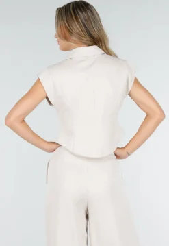 Beige Two Piece Set met Mouwloos Gilet en Plooibroek met Hoge Taille