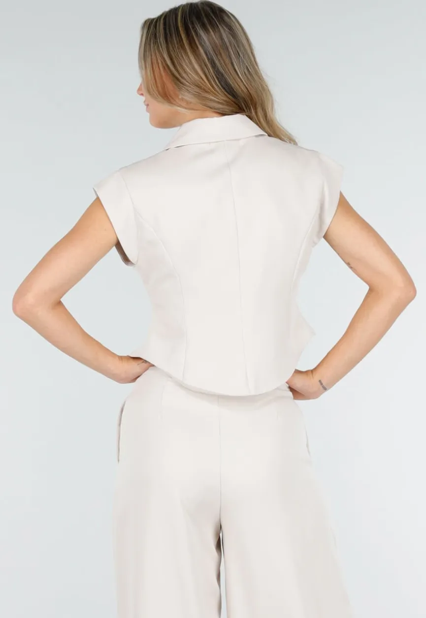 Beige Two Piece Set met Mouwloos Gilet en Plooibroek met Hoge Taille