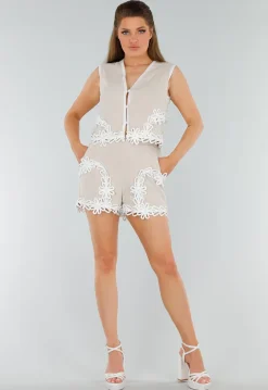 Beige Two Piece Set met Stretch, Giletlook en Gehaakte Details