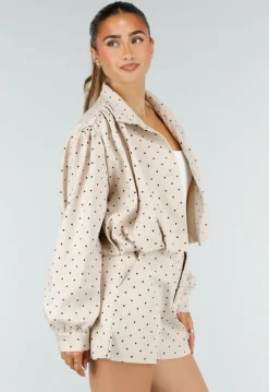 Beige Two Piece Set met Zwarte Stippen en Lange Mouwen