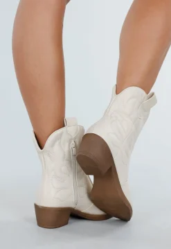 Beige Western Enkellaarsjes met Sierstiksels en Rits