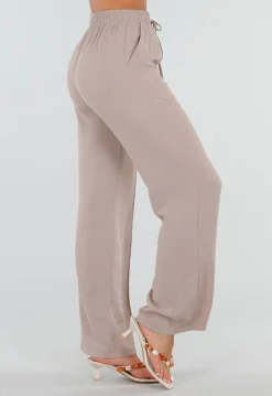Beige Wide Leg Broek met Elastische Taille en Strikkoord