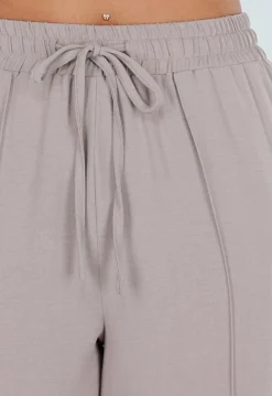 Beige Wide Leg Broek met Elastische Taille en Strikkoord