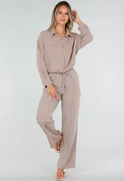 Beige Wide Leg Broek met Elastische Taille en Strikkoord