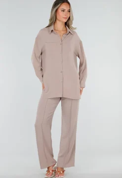 Beige Wide Leg Broek met Elastische Taille en Strikkoord