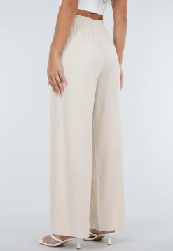 Beige Wide Leg Broek met Smock Taille en Strikkoord