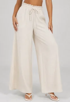 Beige Wide Leg Broek met Smock Taille en Strikkoord