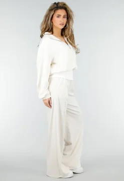 Beige Wide Leg Joggingbroek met Elastische Taille en Stretch