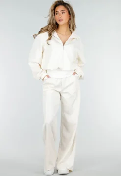 Beige Wide Leg Joggingbroek met Elastische Taille en Stretch