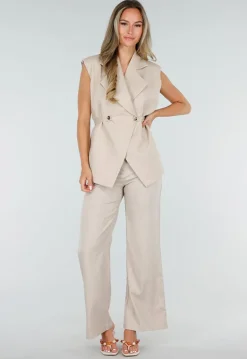 Beige Wide Leg Pantalon met Hoge Taille