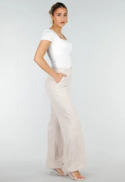 Beige Wide Leg Pantalon met Omslag en Steekzakken